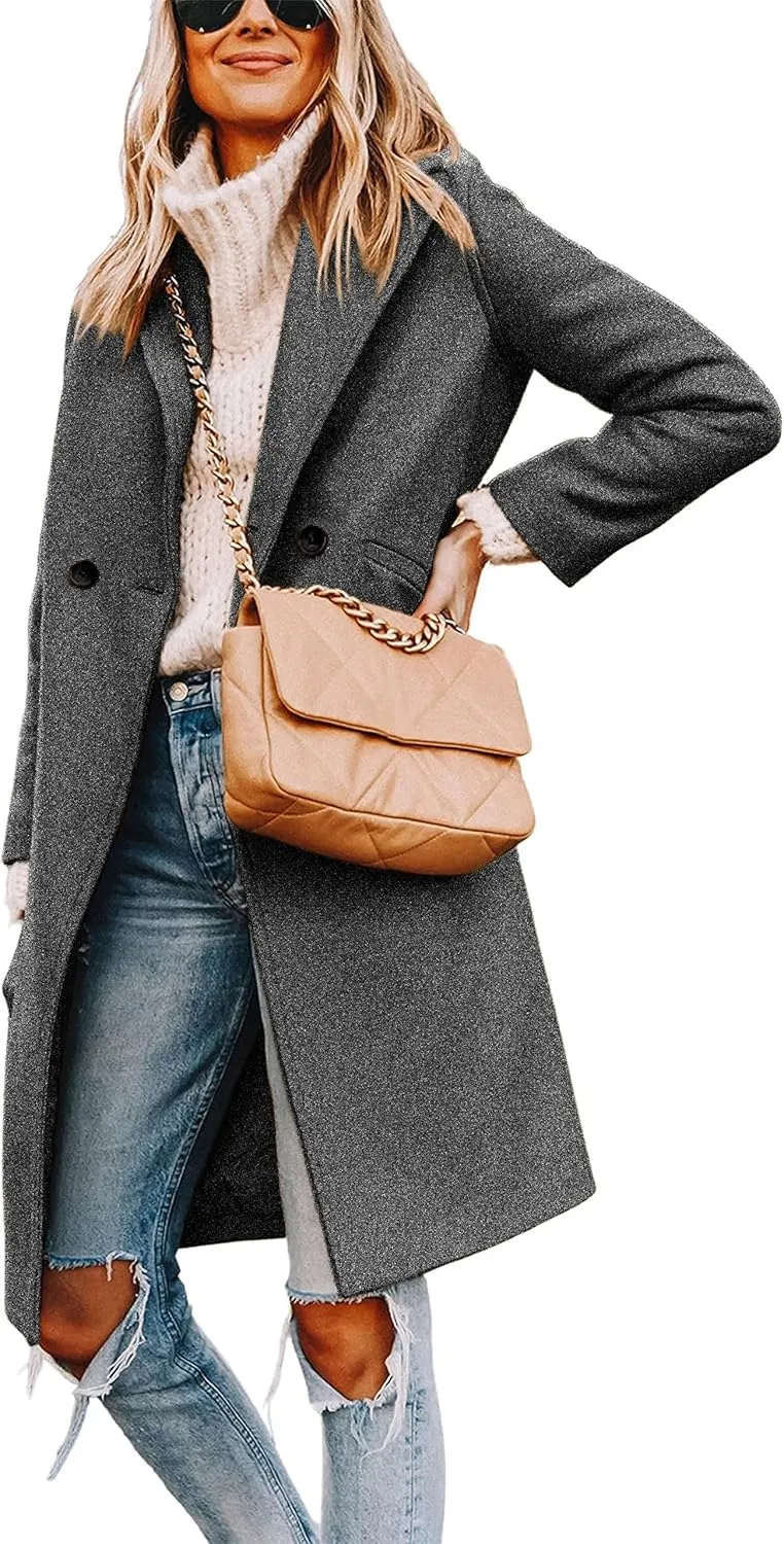Tanming Women's Notch Lapel Double Breasted Wool Blend Mid Long Pea Trench Coat