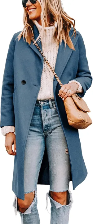 Tanming Women's Notch Lapel Double Breasted Wool Blend Mid Long Pea Trench Coat