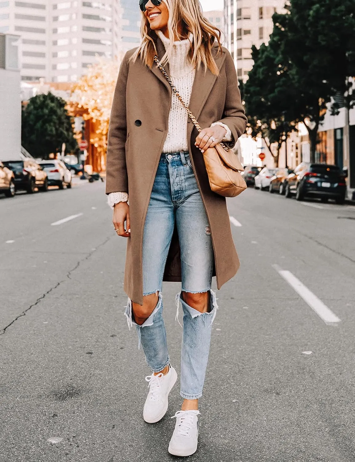 Tanming Women's Notch Lapel Double Breasted Wool Blend Mid Long Pea Trench Coat