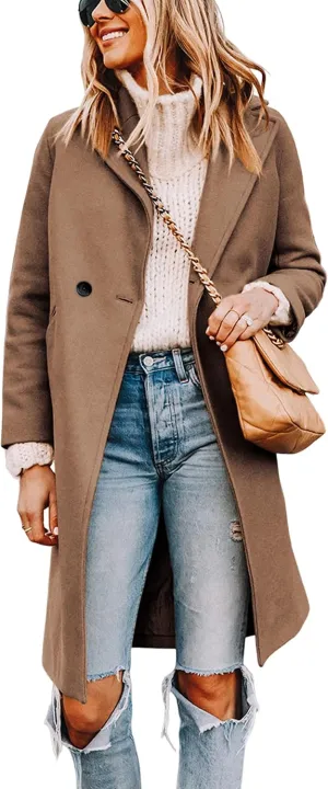 Tanming Women's Notch Lapel Double Breasted Wool Blend Mid Long Pea Trench Coat