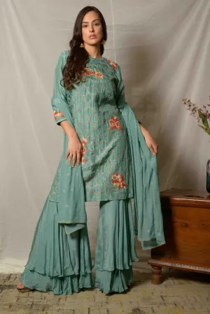 Teel Blue Silk Gota Work Kurta with Garara & Dupatta