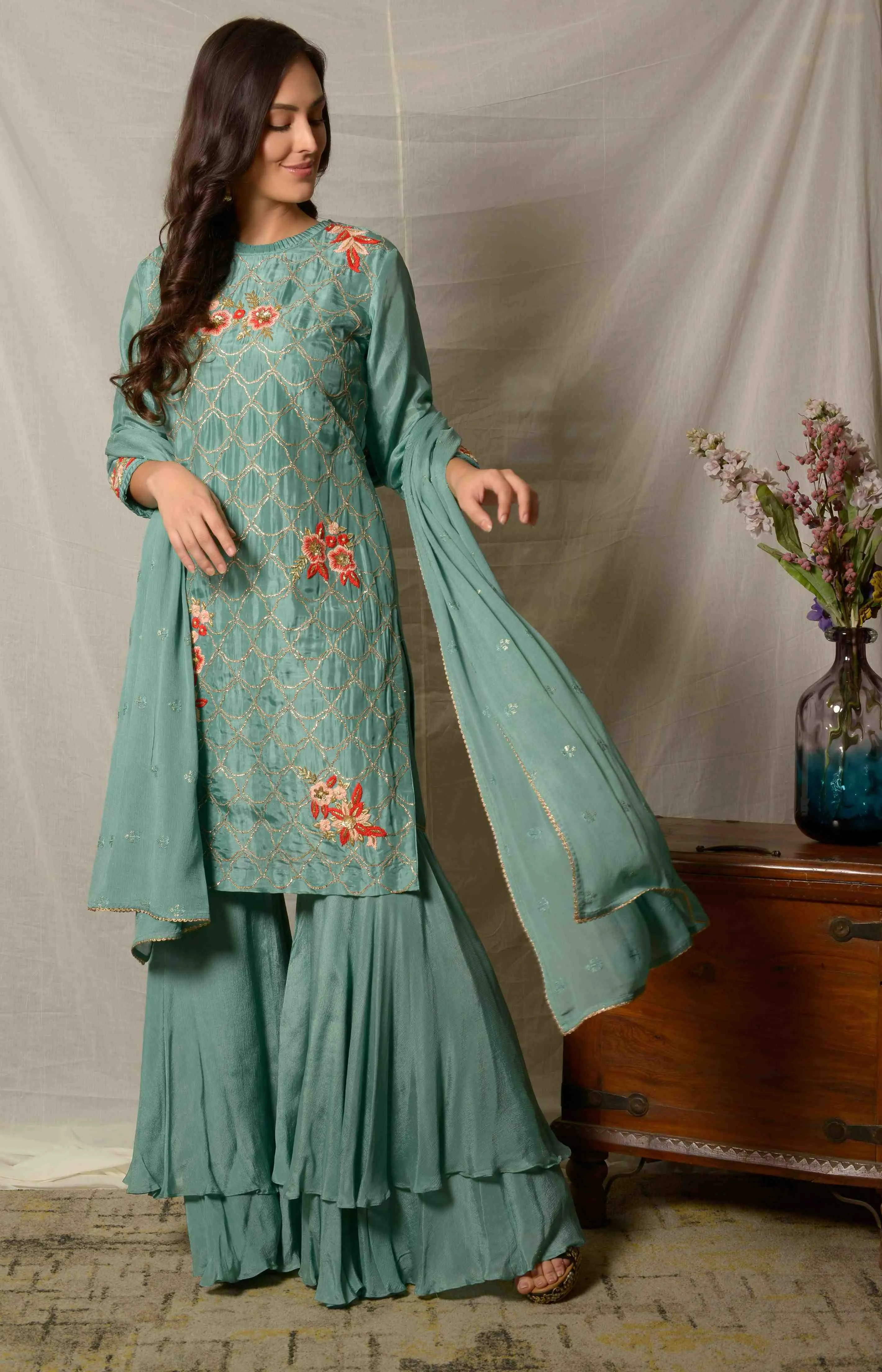 Teel Blue Silk Gota Work Kurta with Garara & Dupatta