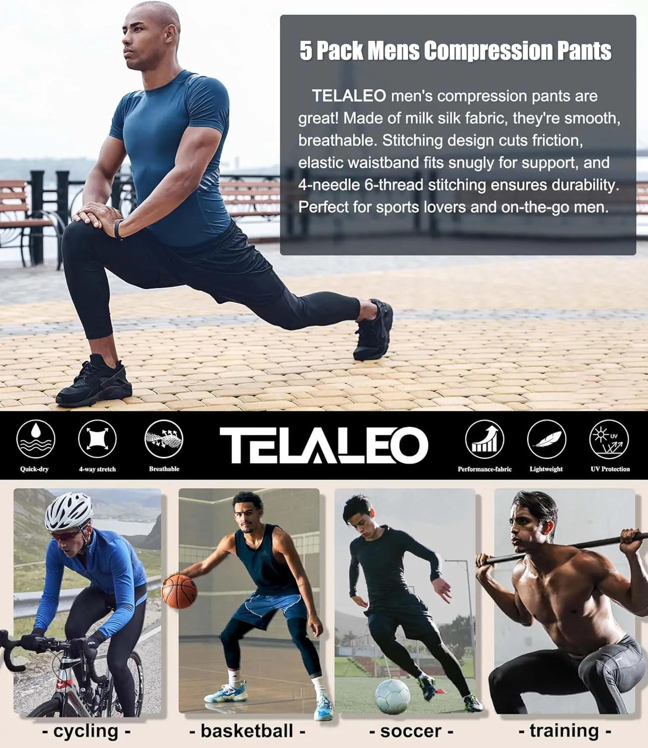 TELALEO 5 Pack Men's Compression Pants for Workout, Running, Basketball - Sports Baselayer Leggings