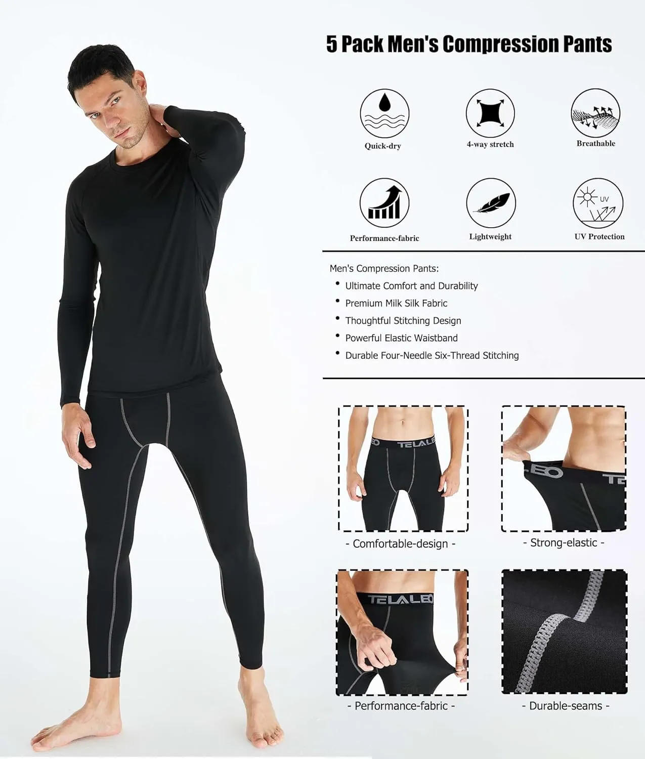 TELALEO 5 Pack Men's Compression Pants for Workout, Running, Basketball - Sports Baselayer Leggings