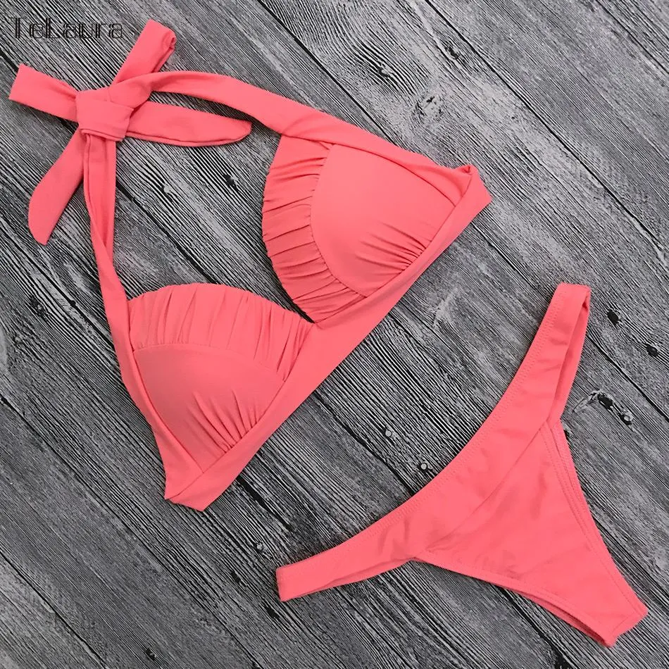 TeLaura 2018 Sexy Bikini Swimwear Women Swimsuit Push Up Bikinis Women Swim Suit Solid Bathing Suit Ruffle Beachwear Biquini