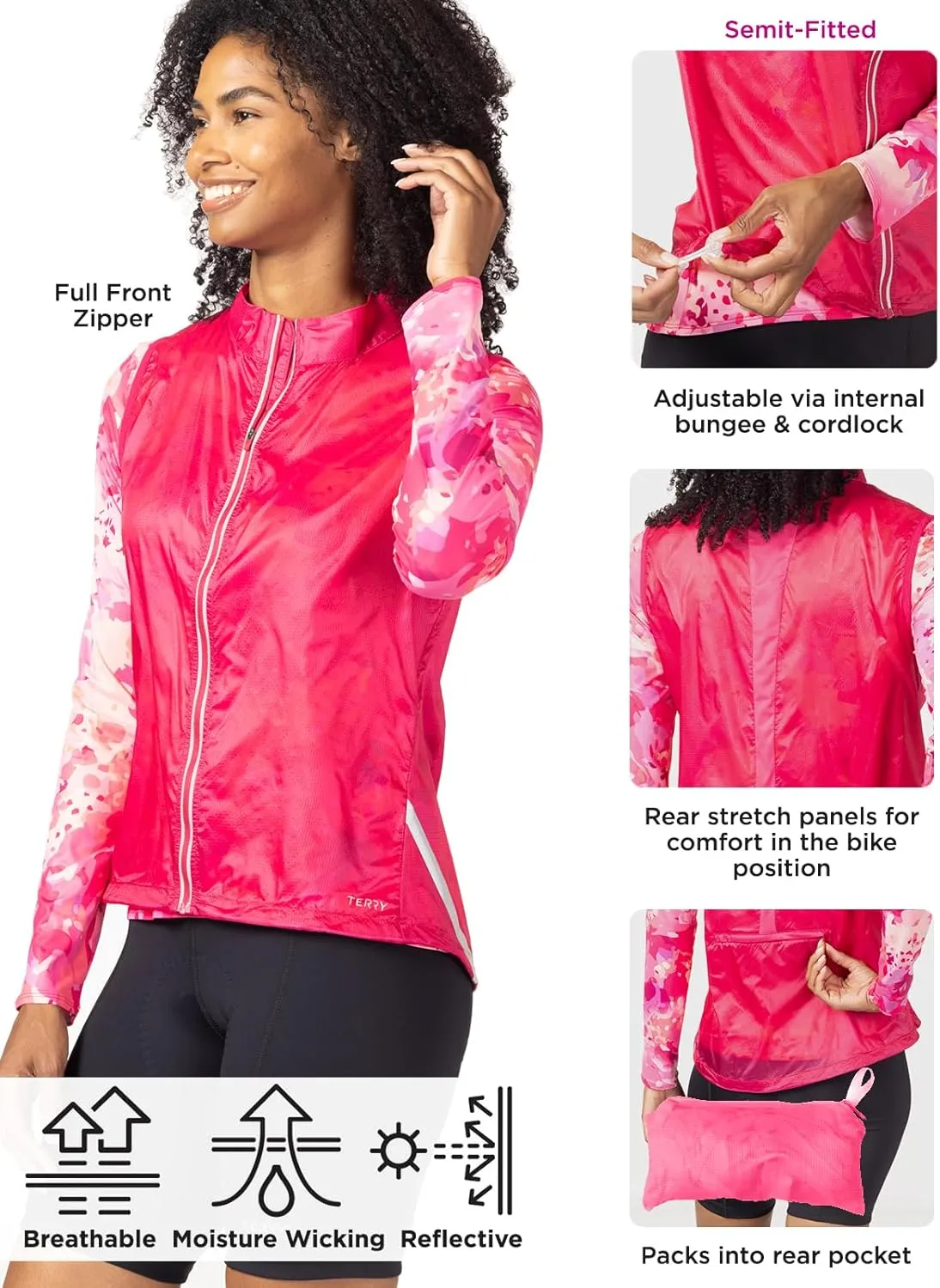 Terry Mistral Vest - Womens Cycling Jersey, Packable Hi-Vis Windproof Water Resistant Sleeveless Bike Vest