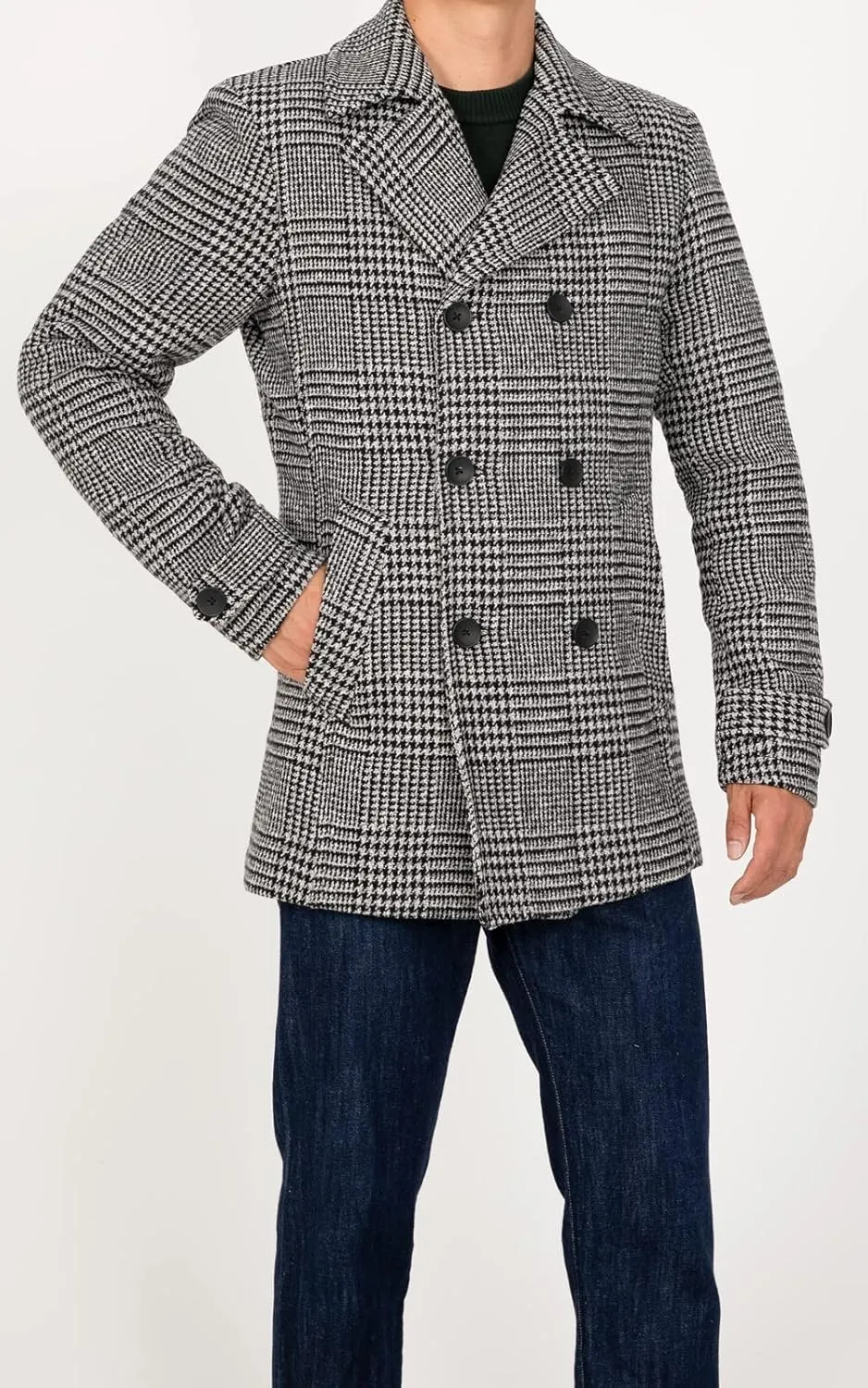 ThCreasa Mens Classic Double Breasted Pea Coat Wool Blend Quilted Lined Notched Collar Overcoat Trench Coat