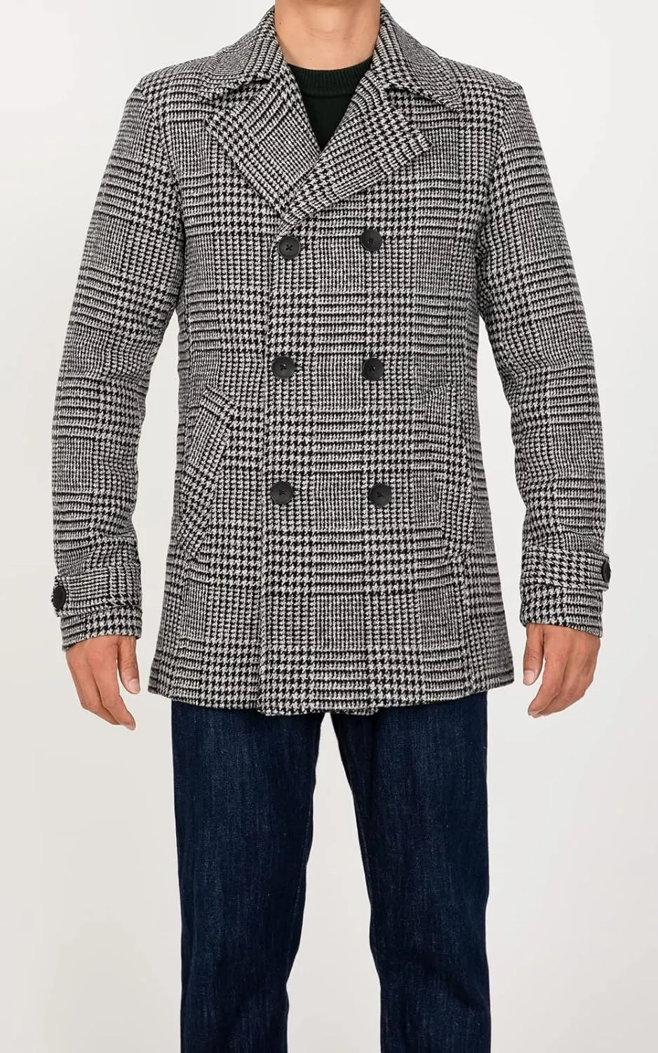 ThCreasa Mens Classic Double Breasted Pea Coat Wool Blend Quilted Lined Notched Collar Overcoat Trench Coat