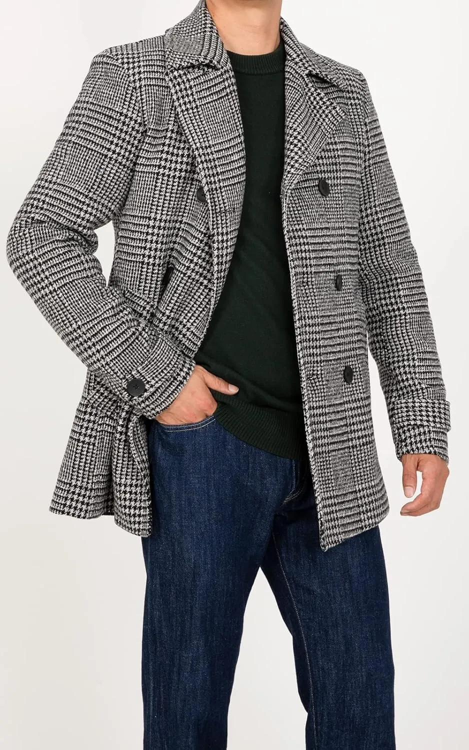 ThCreasa Mens Classic Double Breasted Pea Coat Wool Blend Quilted Lined Notched Collar Overcoat Trench Coat