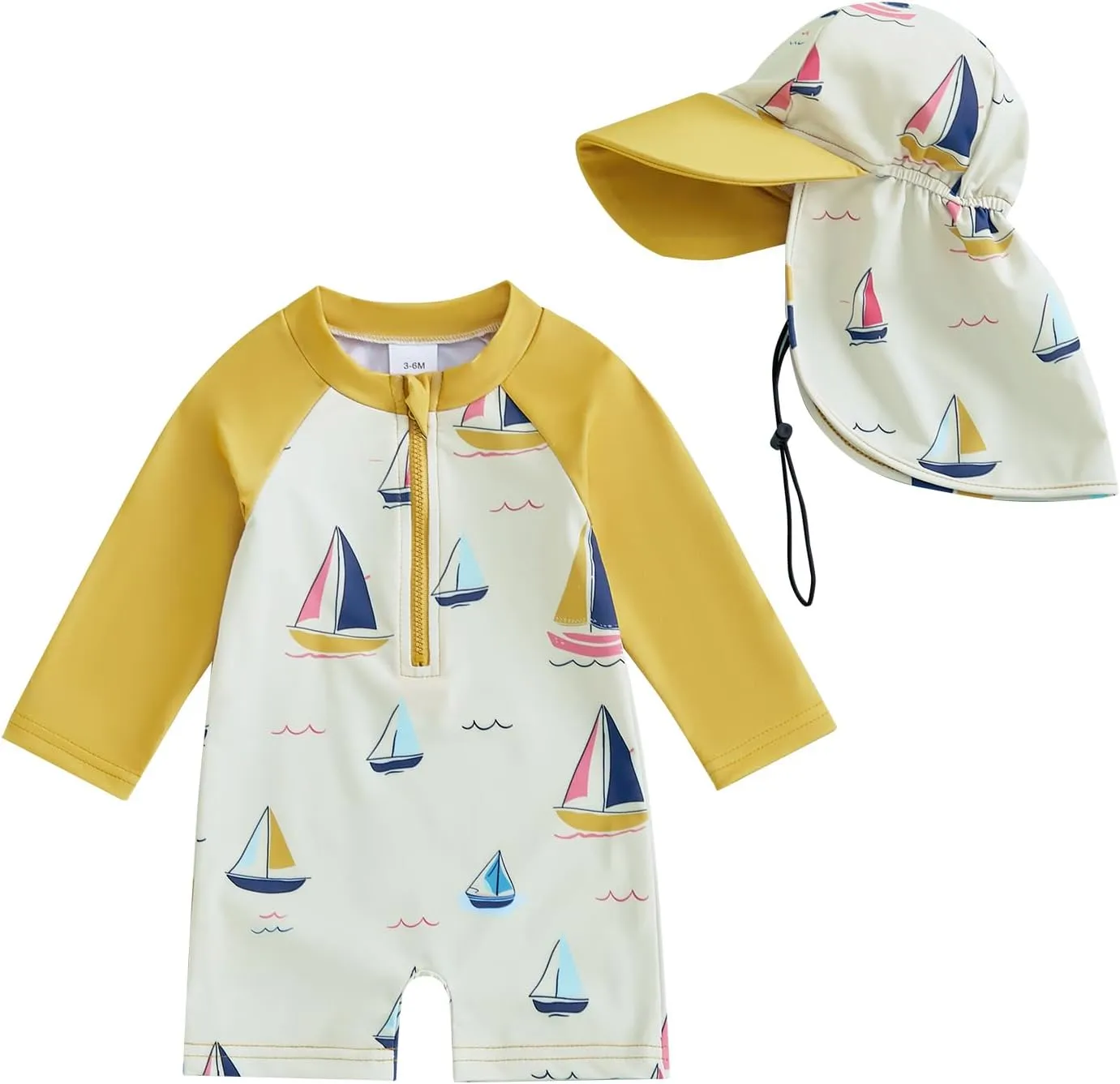 Toddler Baby Boy Swimsuit Kids Rash Guard Sailboat/Flag Print One Piece Beach Bathing Suit 4th of July Swimwear