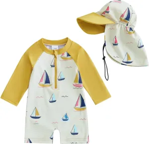 Toddler Baby Boy Swimsuit Kids Rash Guard Sailboat/Flag Print One Piece Beach Bathing Suit 4th of July Swimwear