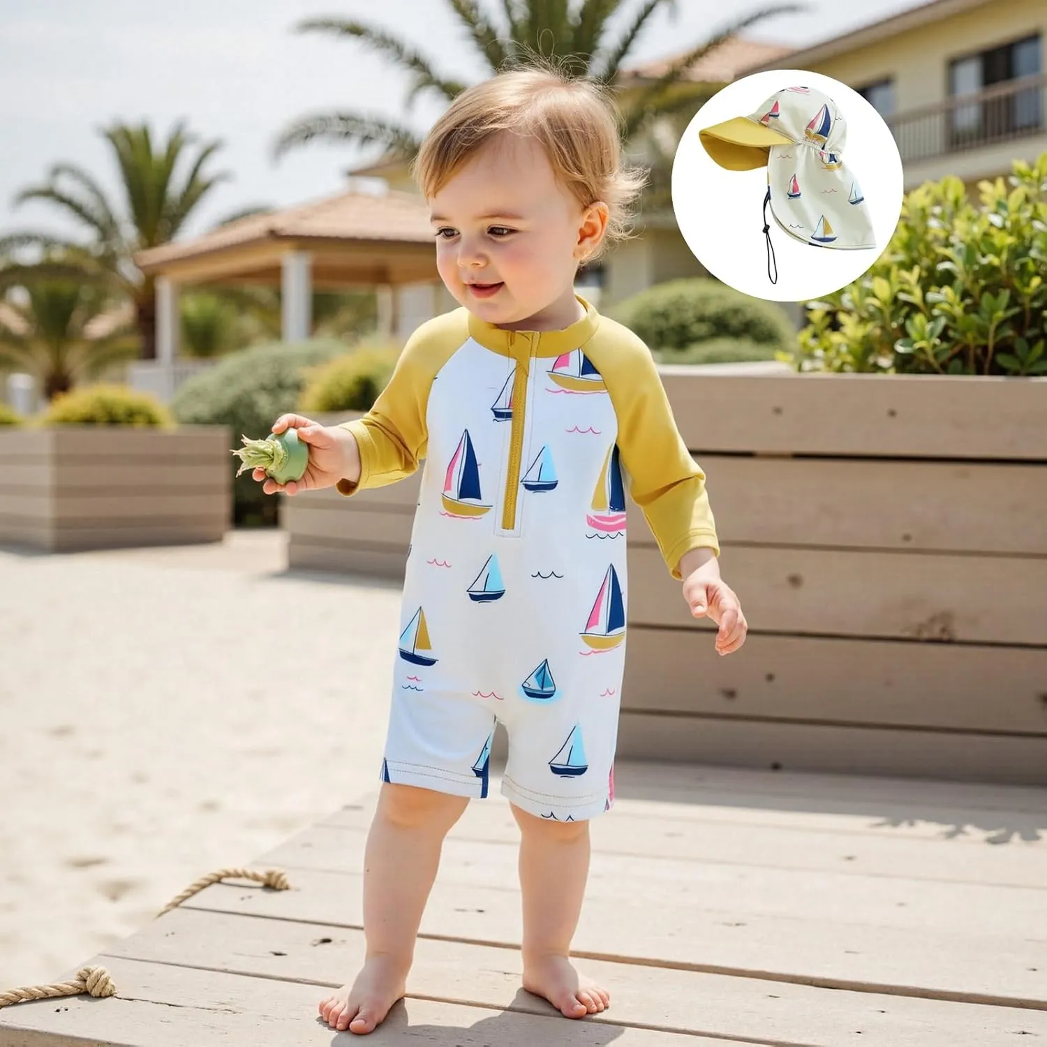 Toddler Baby Boy Swimsuit Kids Rash Guard Sailboat/Flag Print One Piece Beach Bathing Suit 4th of July Swimwear