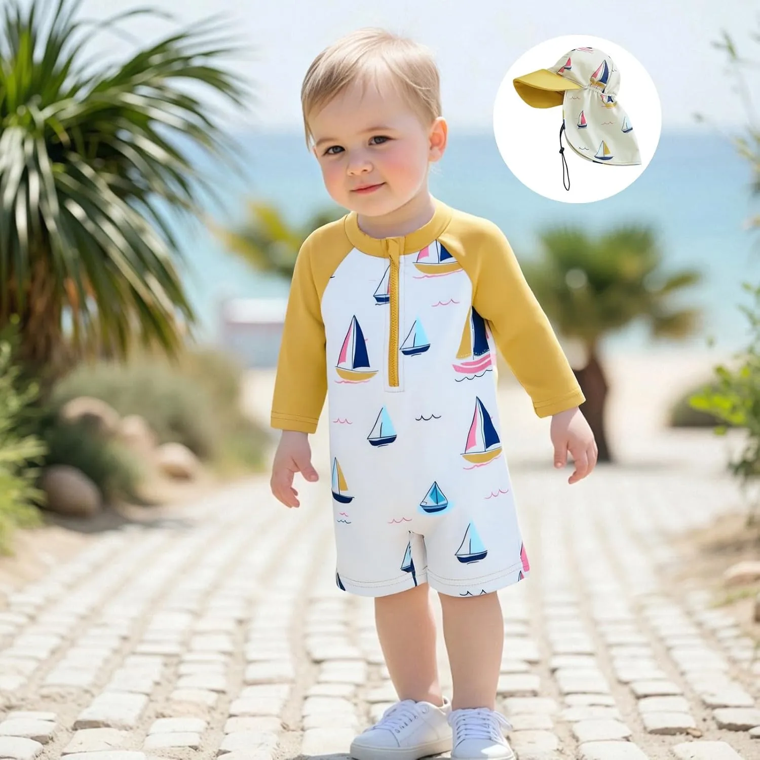 Toddler Baby Boy Swimsuit Kids Rash Guard Sailboat/Flag Print One Piece Beach Bathing Suit 4th of July Swimwear