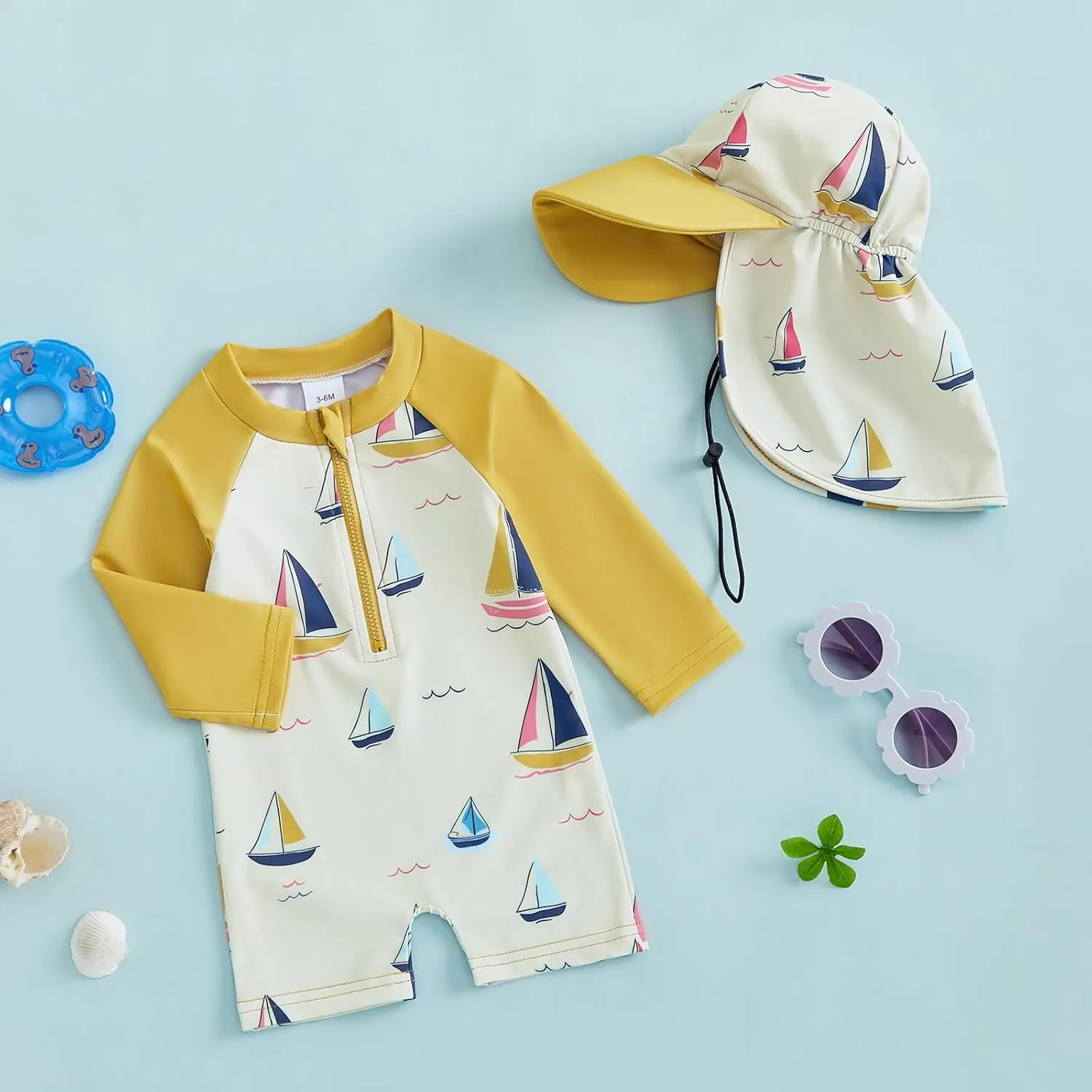 Toddler Baby Boy Swimsuit Kids Rash Guard Sailboat/Flag Print One Piece Beach Bathing Suit 4th of July Swimwear