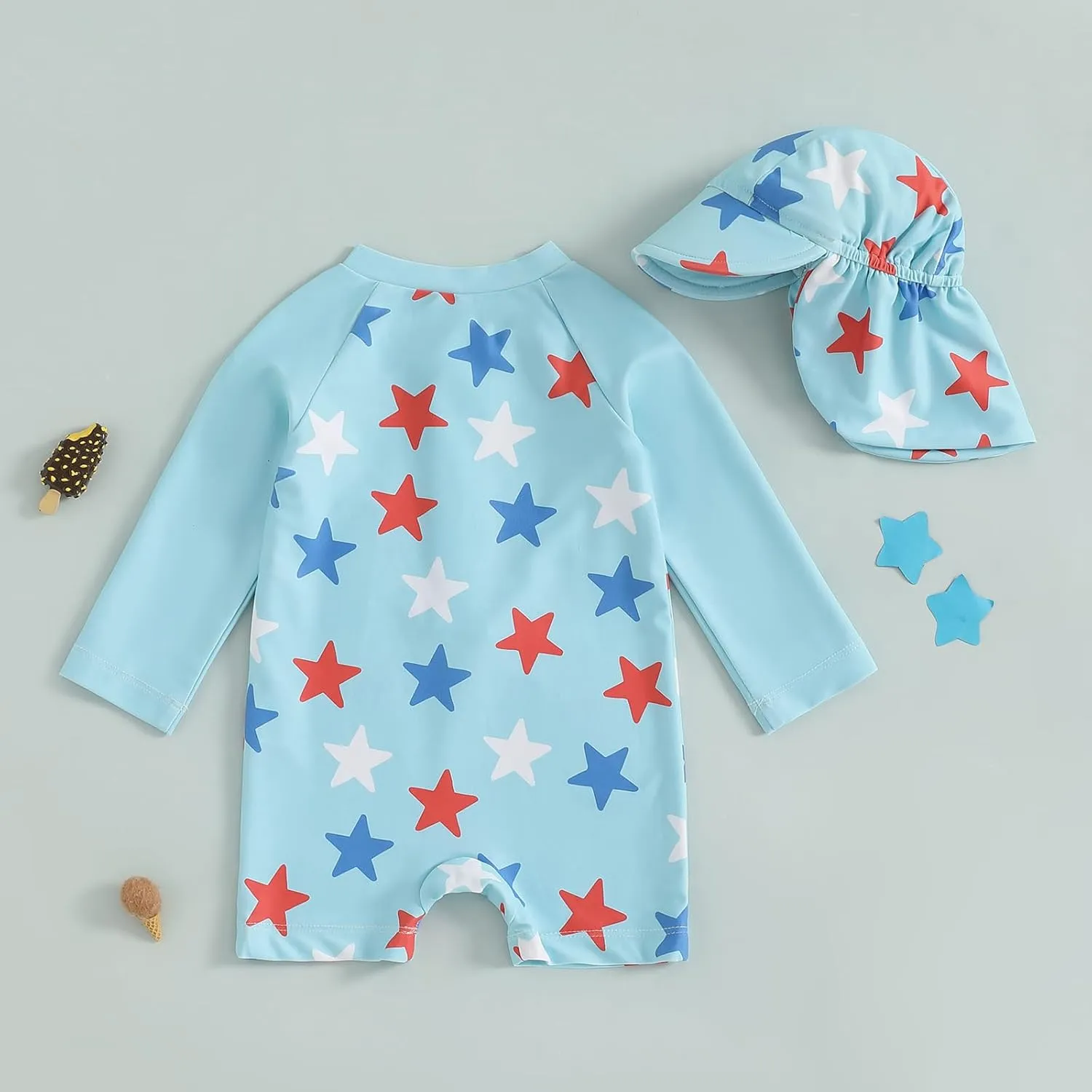 Toddler Boy 4th of July Swimsuit Rash Guard Swimwear One Piece Long Sleeve Zipper Jumpsuit Beach Bathing Suit Hat