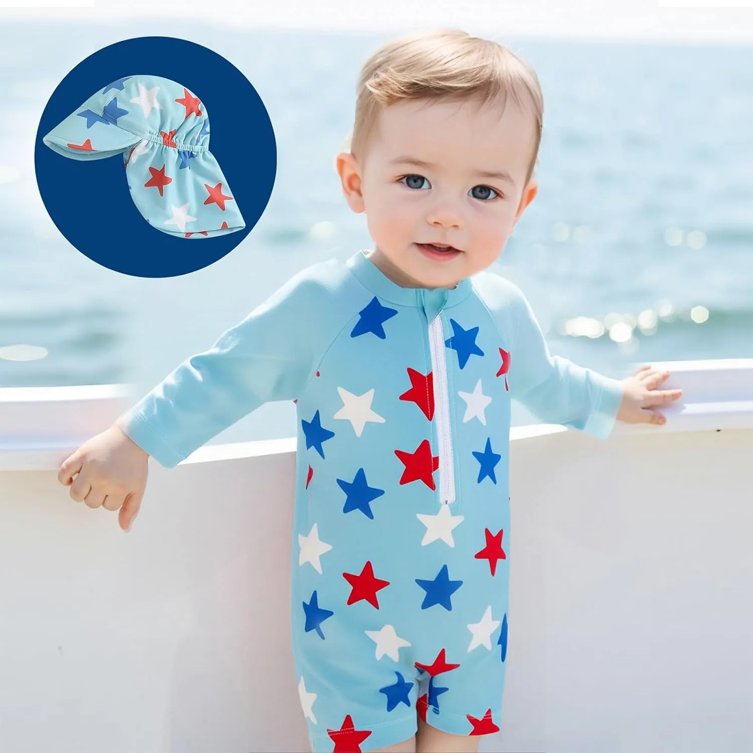 Toddler Boy 4th of July Swimsuit Rash Guard Swimwear One Piece Long Sleeve Zipper Jumpsuit Beach Bathing Suit Hat