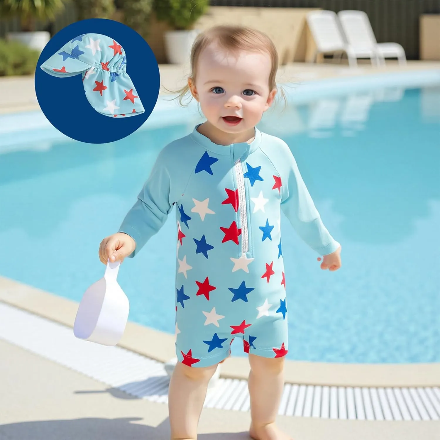 Toddler Boy 4th of July Swimsuit Rash Guard Swimwear One Piece Long Sleeve Zipper Jumpsuit Beach Bathing Suit Hat