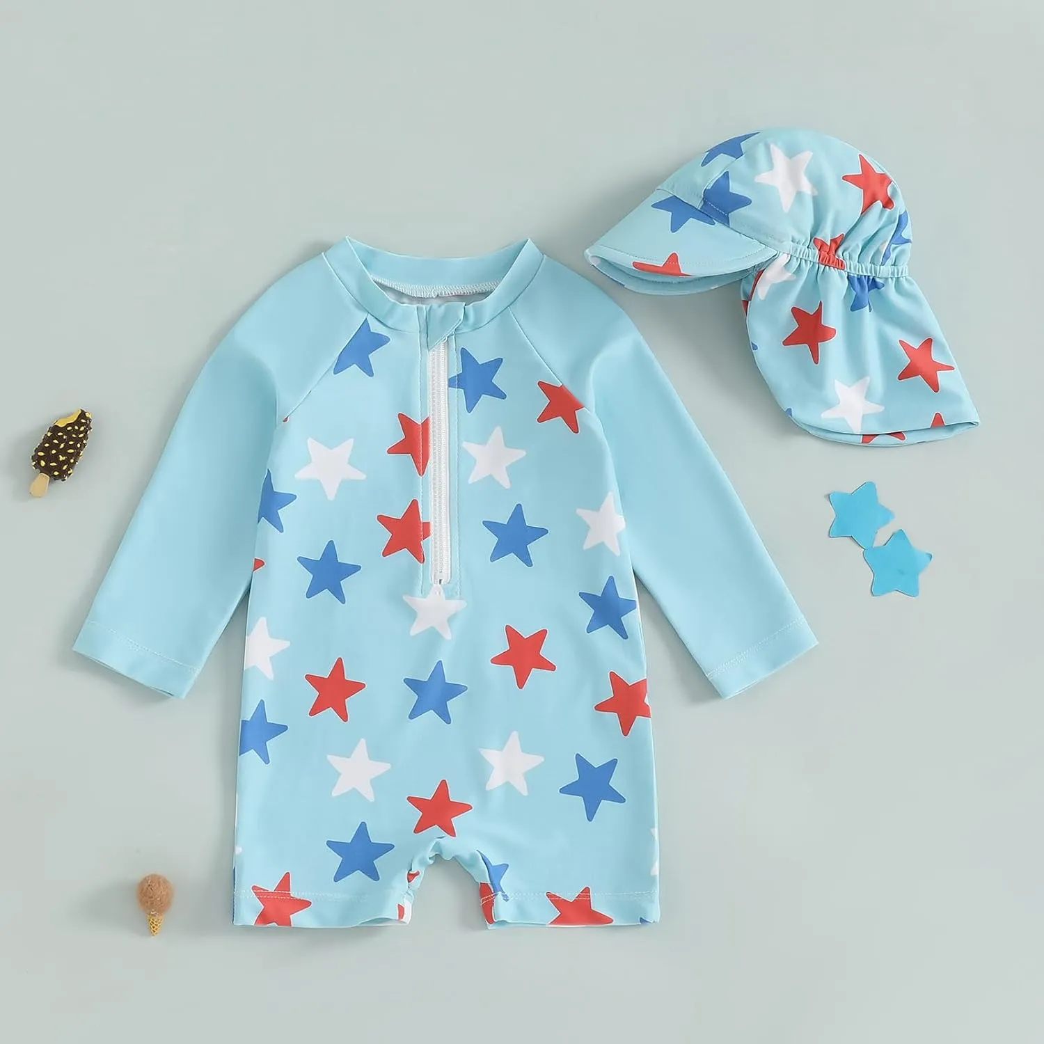 Toddler Boy 4th of July Swimsuit Rash Guard Swimwear One Piece Long Sleeve Zipper Jumpsuit Beach Bathing Suit Hat