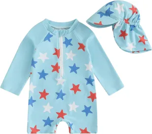 Toddler Boy 4th of July Swimsuit Rash Guard Swimwear One Piece Long Sleeve Zipper Jumpsuit Beach Bathing Suit Hat