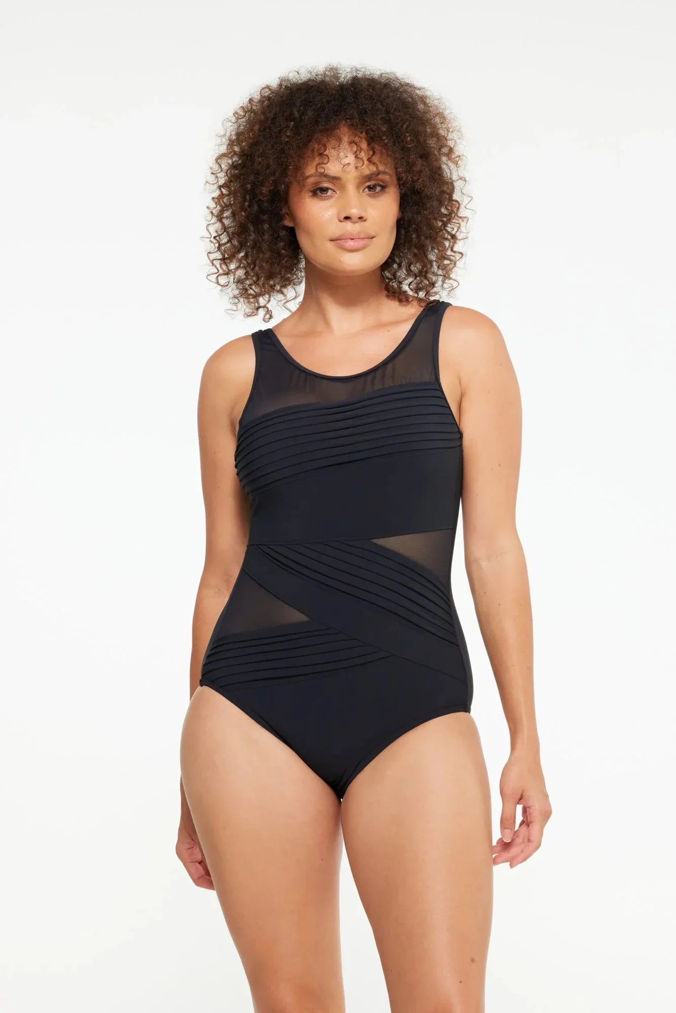 Togs Black Pleated Mesh One Piece