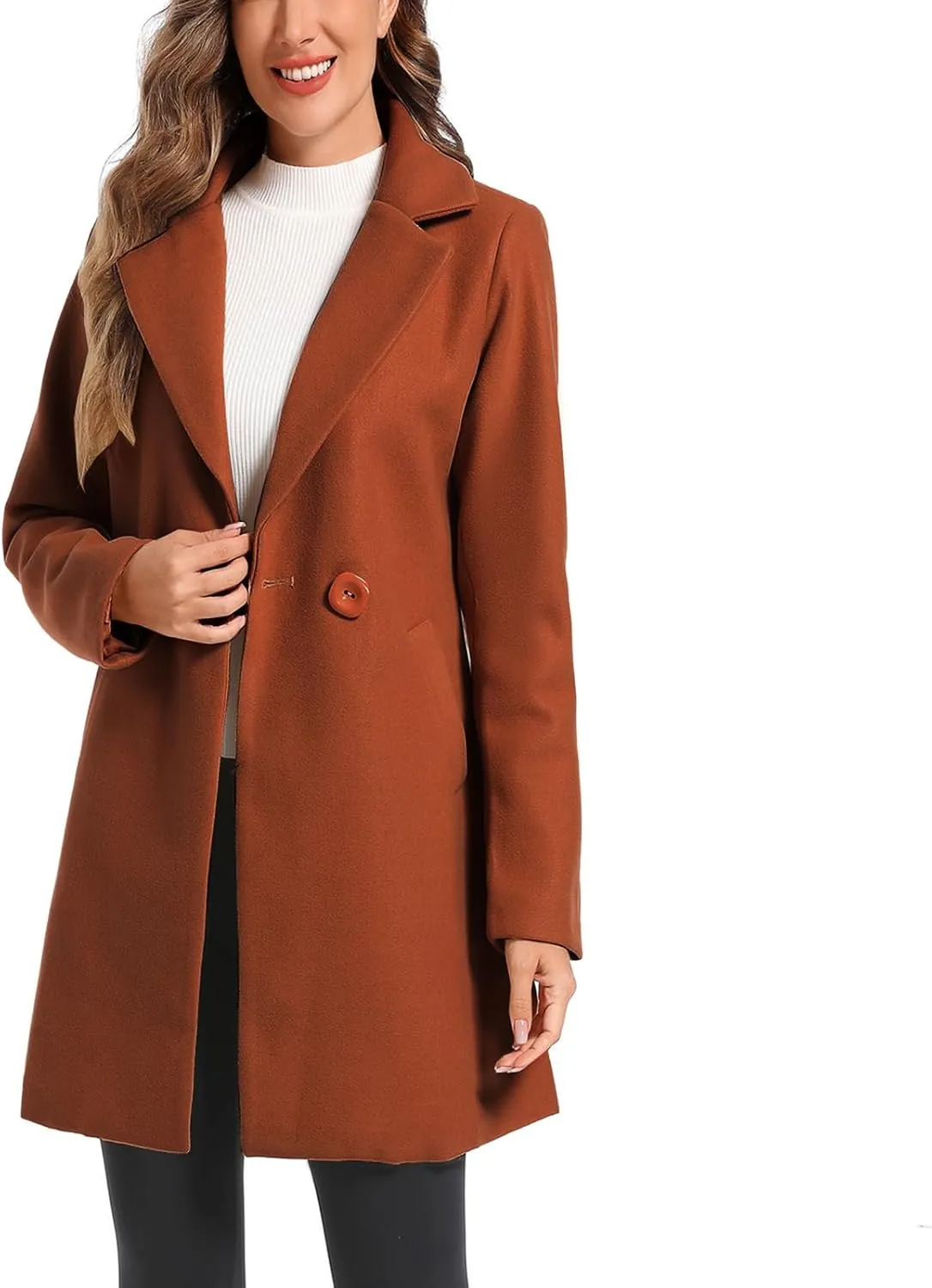 TONCHENGSD Women's Notched Lapel Wool Blend Solid Long Pea Coat Outwear Winter Coat