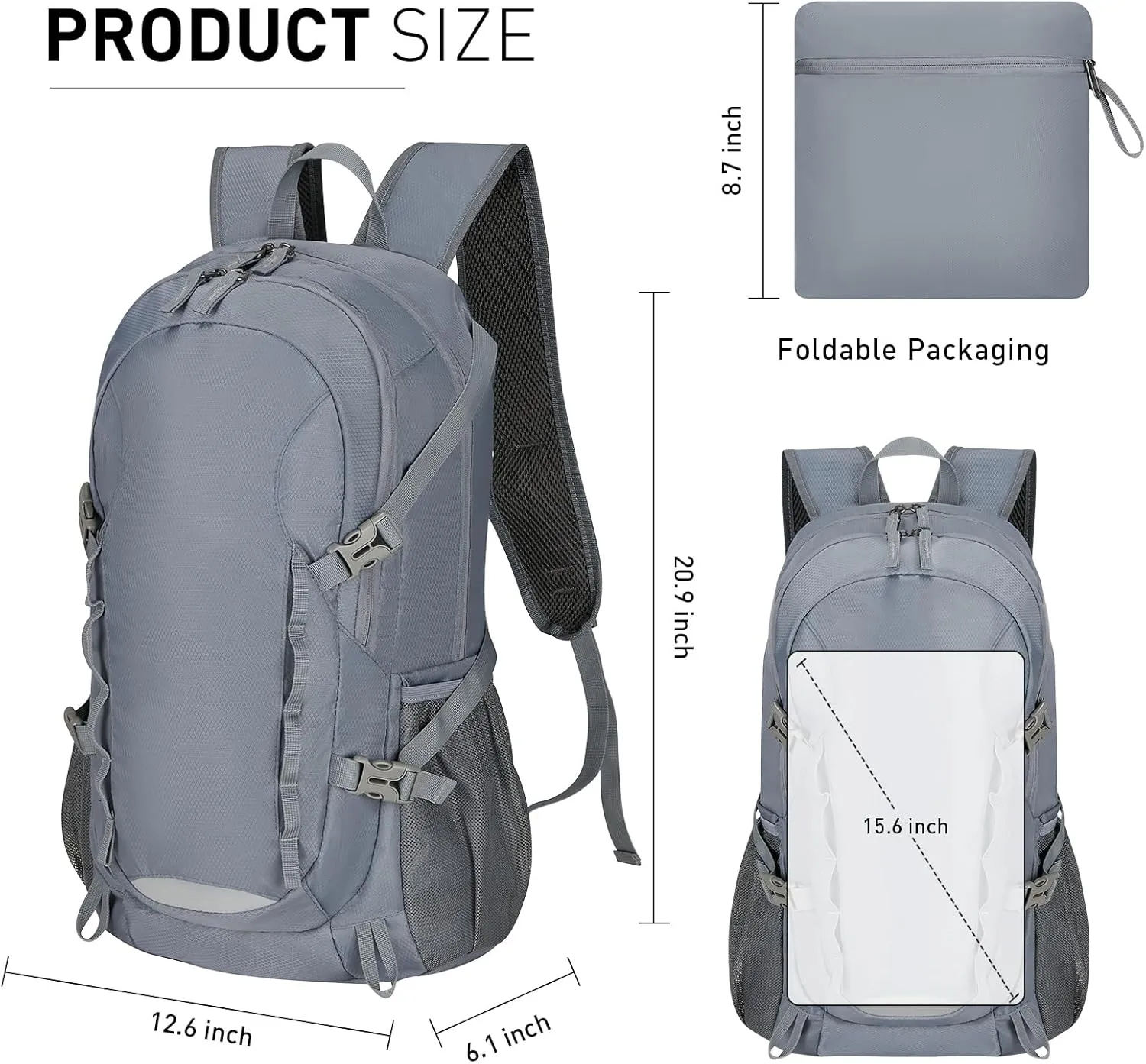 Travel Hiking Backpack 40L Ultra Lightweight Camping Packable for Men Women Water Resistant Portable DaypackGrey
