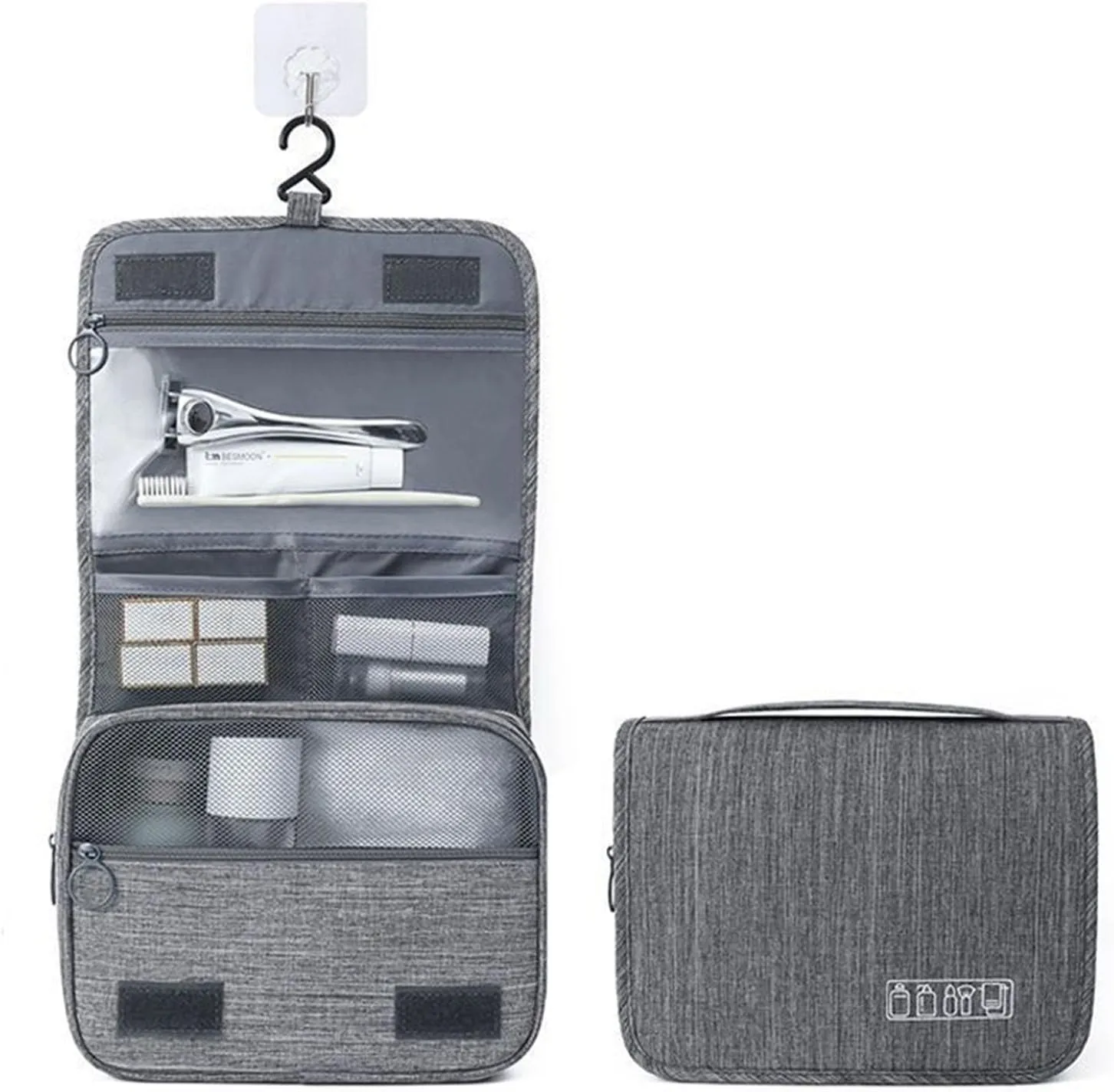 Travel Toiletry Bag with Hanging Hook, Water-resistant Makeup Cosmetic Bag (Grey)