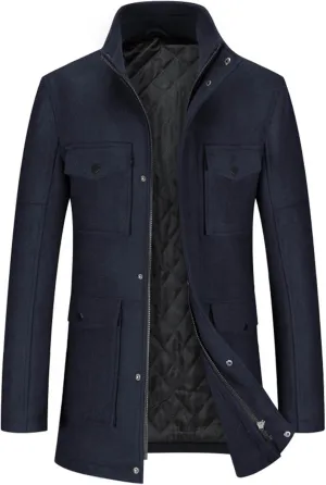 Trench Coat for Men Big and Tall Wool Trench Coat Double Breasted Pea Coat Zip Up Wool Jacket Mid Length Cardigan