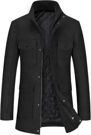 Trench Coat for Men Big and Tall Wool Trench Coat Double Breasted Pea Coat Zip Up Wool Jacket Mid Length Cardigan