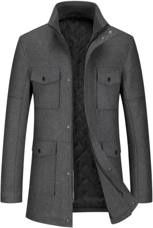 Trench Coat for Men Big and Tall Wool Trench Coat Double Breasted Pea Coat Zip Up Wool Jacket Mid Length Cardigan