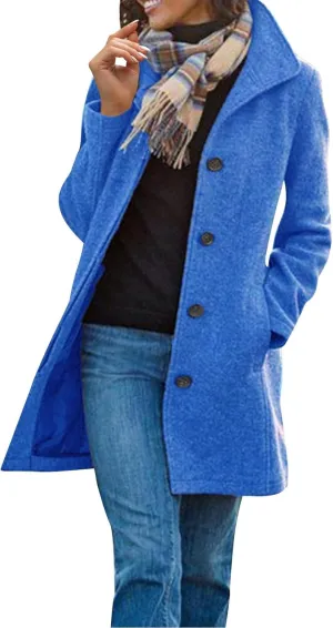 Trench Coat for Women 2024 Womens Pea Coat Elegant Single Breasted Winter Trench Coat Dressy Casual Thicken Wool Blend Blazer Jacket with Pockets Blue 3X-Large