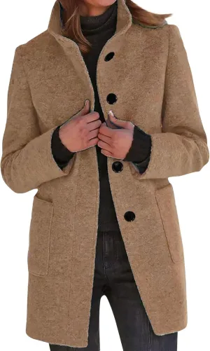 Trench Coat for Women Long Winter Wool Coat for Women Dressy Stand Collar Single Breasted Blazer Jackets Winter Classic Wool Blend Pea Coat Camel Medium
