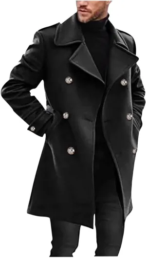 Trench Coat Men Mid Length Wool Coat Double Breasted Peacoat Lapel Open Front Cardigan Winter Outwear with Pockets