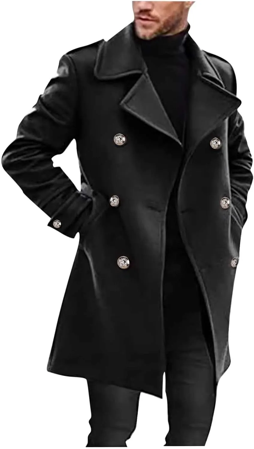 Trench Coat Men Mid Length Wool Coat Double Breasted Peacoat Lapel Open Front Cardigan Winter Outwear with Pockets