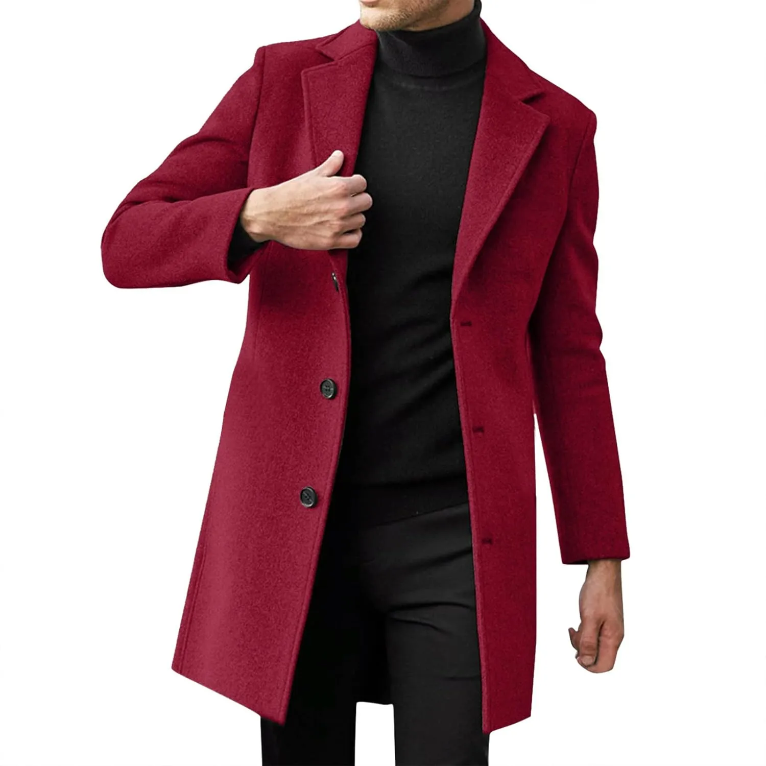 Trench Coat Men Single Breasted Wool Blend Coat Mid Length Pea Coat Notch Lapel Jacket Business Casual Overcoat