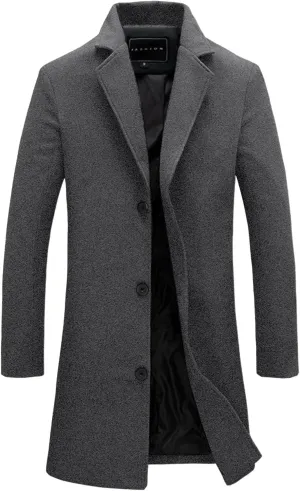 Trench Coat Men Single Breasted Wool Blend Coat Mid Length Pea Coat Notch Lapel Jacket Business Casual Overcoat