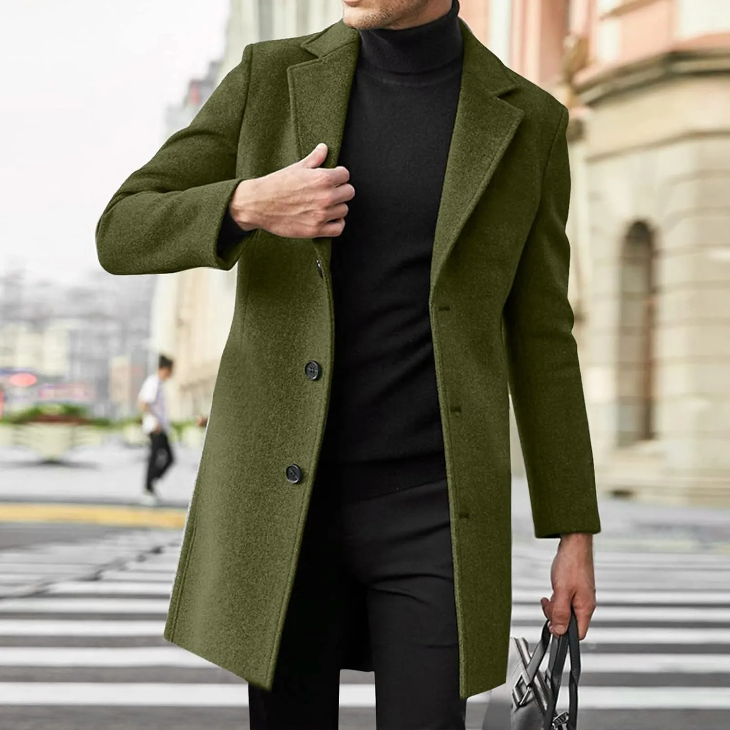 Trench Coat Men Single Breasted Wool Blend Coat Mid Length Pea Coat Notch Lapel Jacket Business Casual Overcoat