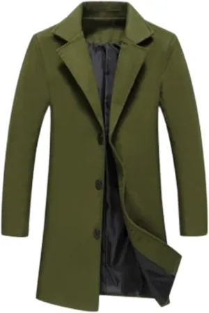 Trench Coat Men Single Breasted Wool Blend Coat Mid Length Pea Coat Notch Lapel Jacket Business Casual Overcoat