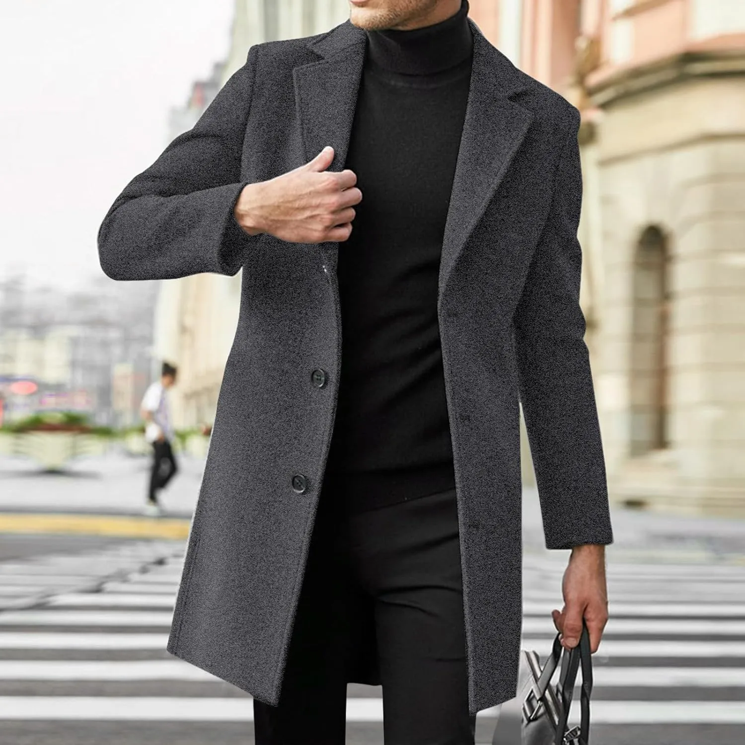 Trench Coat Men Single Breasted Wool Blend Coat Mid Length Pea Coat Notch Lapel Jacket Business Casual Overcoat