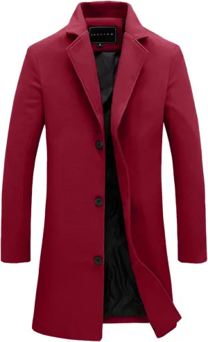 Trench Coat Men Single Breasted Wool Blend Coat Mid Length Pea Coat Notch Lapel Jacket Business Casual Overcoat