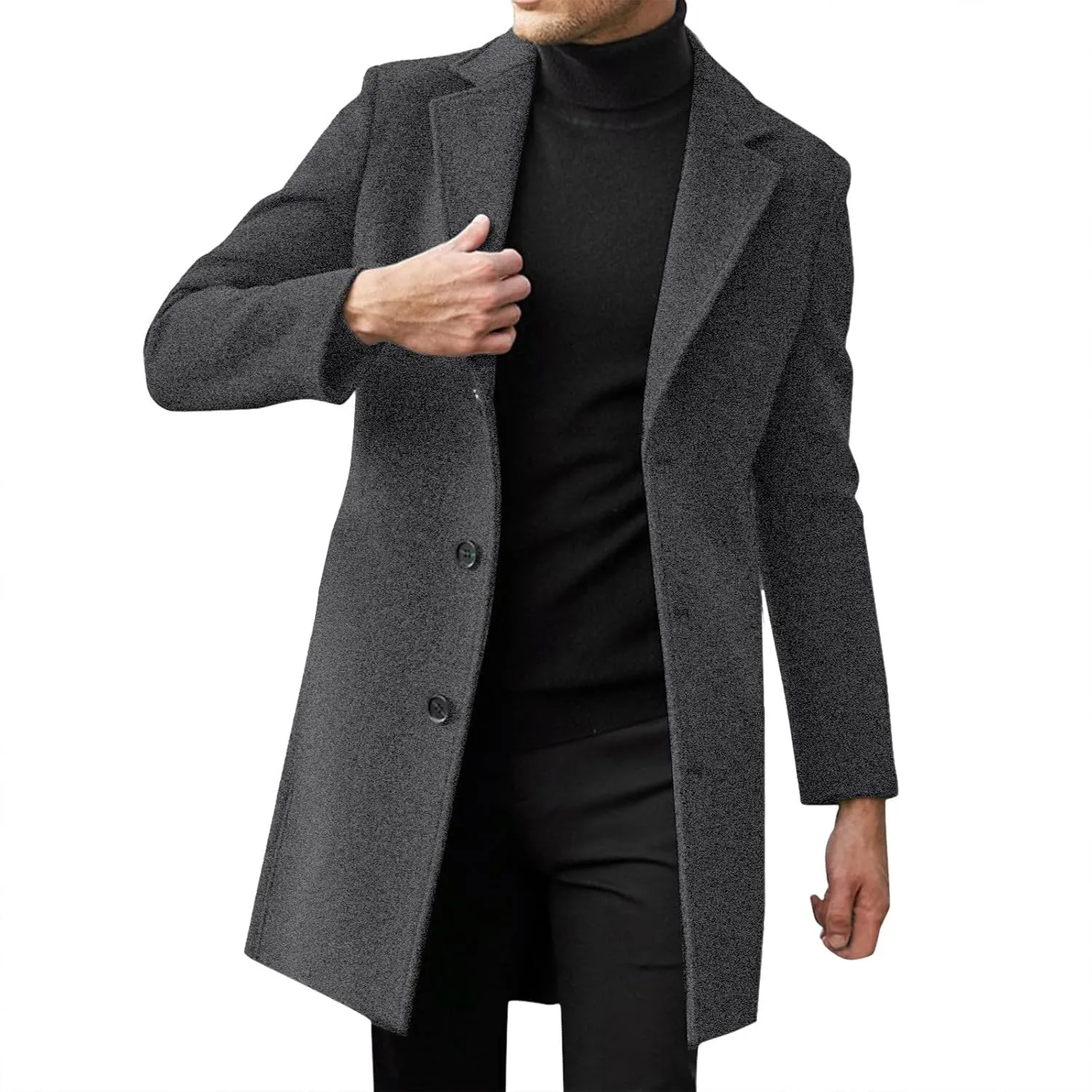 Trench Coat Men Single Breasted Wool Blend Coat Mid Length Pea Coat Notch Lapel Jacket Business Casual Overcoat