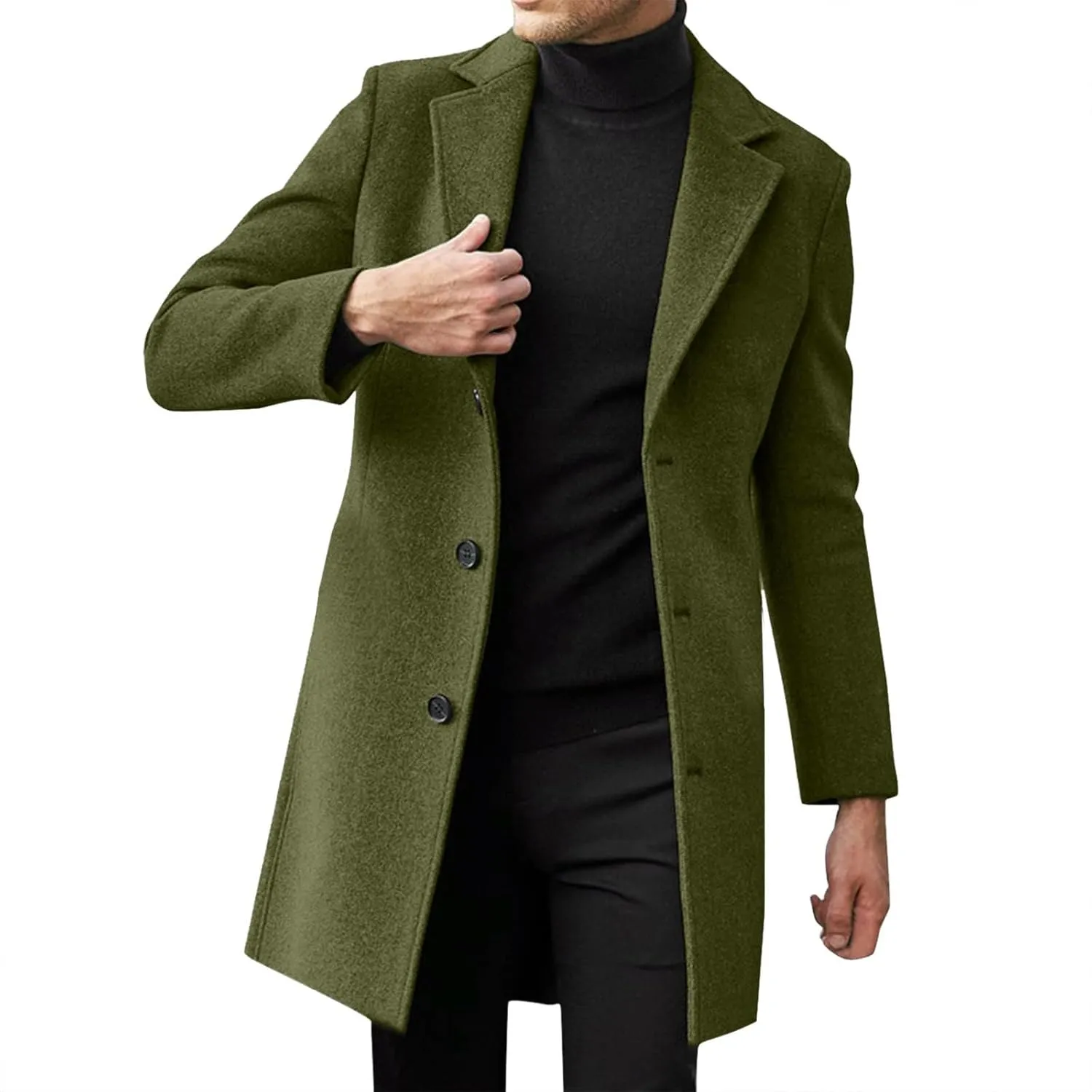 Trench Coat Men Single Breasted Wool Blend Coat Mid Length Pea Coat Notch Lapel Jacket Business Casual Overcoat
