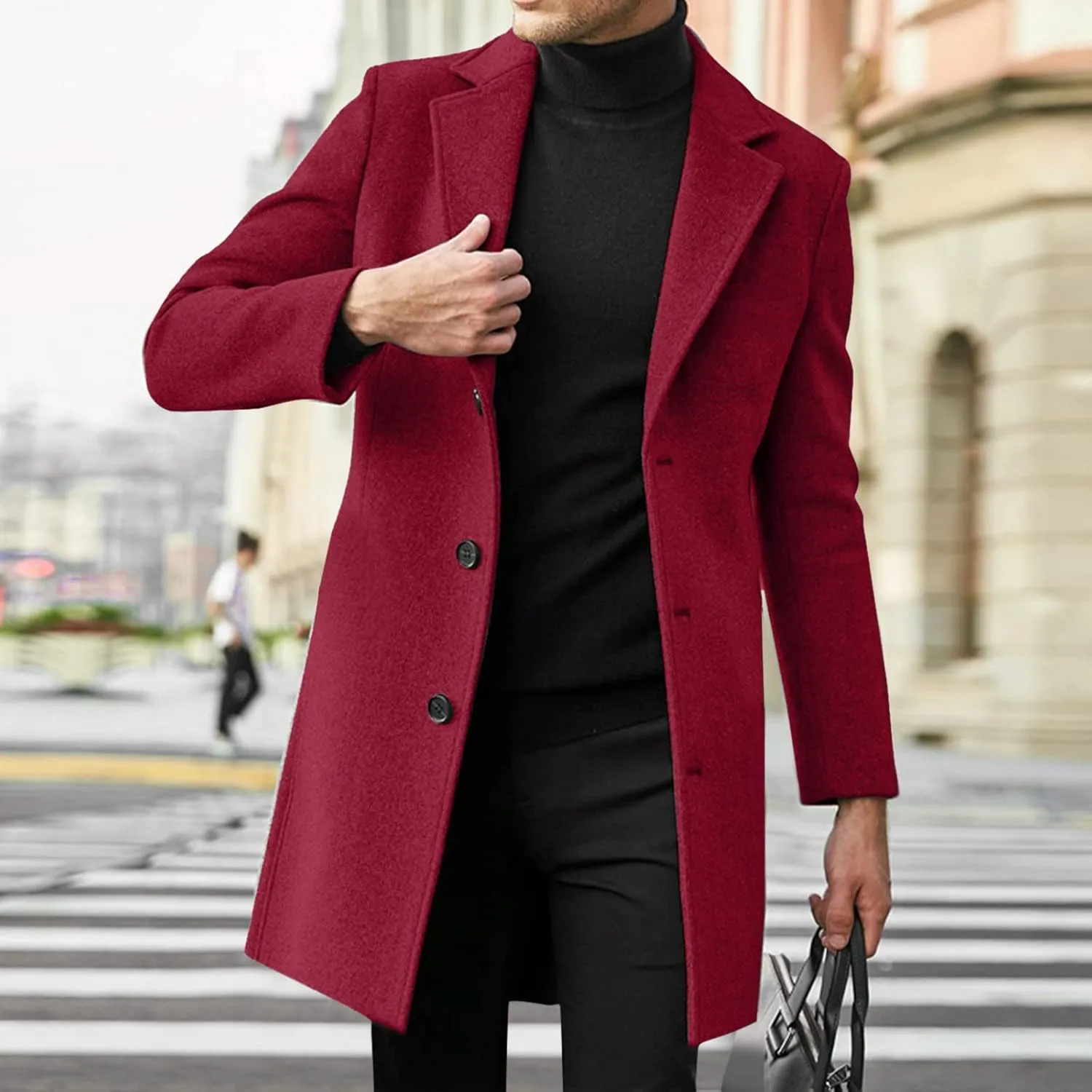 Trench Coat Men Single Breasted Wool Blend Coat Mid Length Pea Coat Notch Lapel Jacket Business Casual Overcoat
