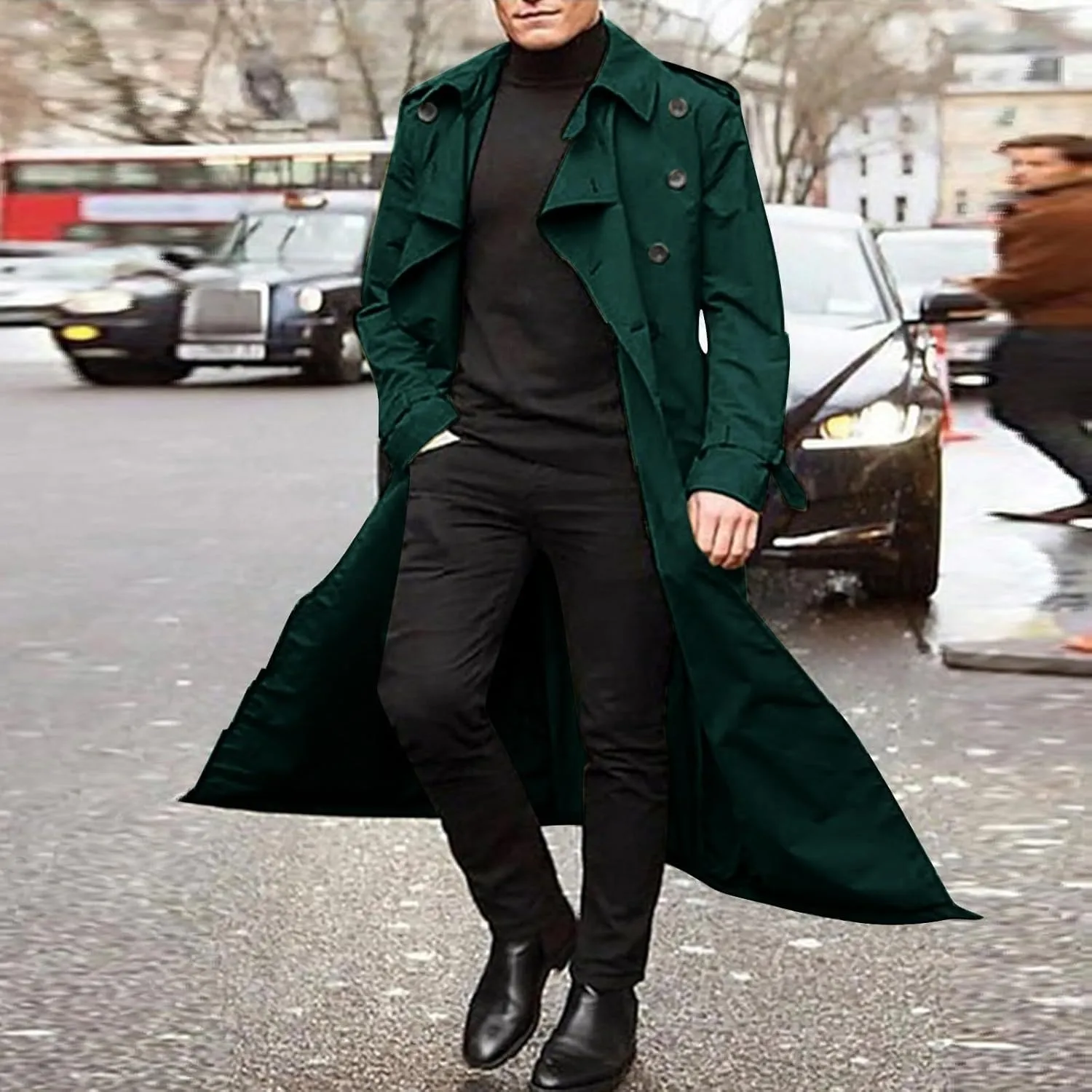 Trench Coat Men Slim Fit Double Breasted Long Jacket Notched Lapel Belt Casual Lightweight Windbreaker Overcoat