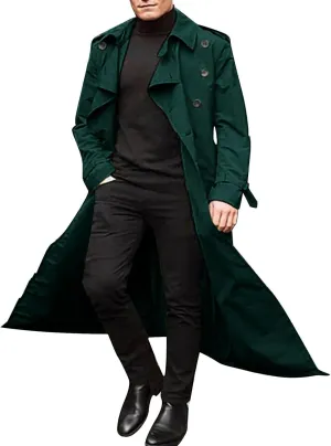Trench Coat Men Slim Fit Double Breasted Long Jacket Notched Lapel Belt Casual Lightweight Windbreaker Overcoat