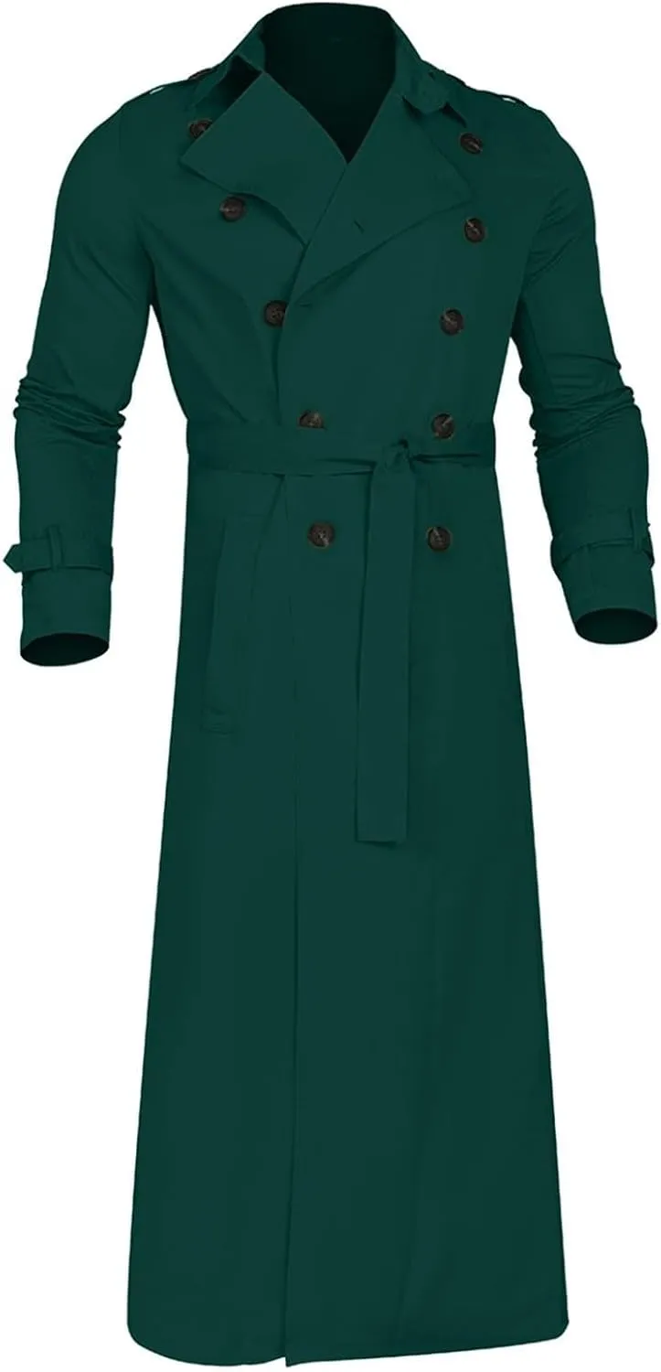 Trench Coat Men Slim Fit Double Breasted Long Jacket Notched Lapel Belt Casual Lightweight Windbreaker Overcoat