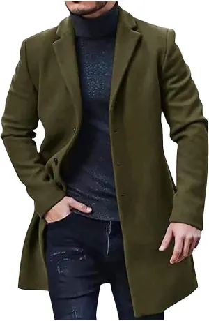 Trench Coat Men Winter Woolen Coats Big and Tall Pea Coats Single Breasted Notch Collar Trench Coat with Pockets