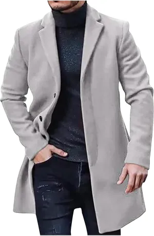 Trench Coat Men Winter Woolen Coats Big and Tall Pea Coats Single Breasted Notch Collar Trench Coat with Pockets