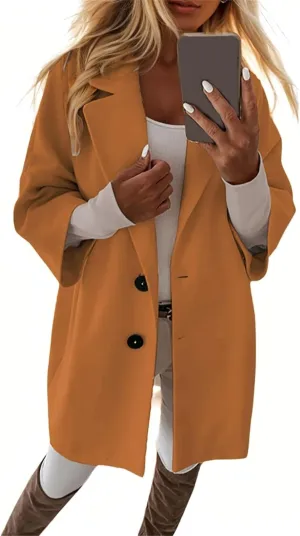 Trench Coat Women 3/4 Sleeve Lapel Neck Winter Pea Coats Casual Thermal Single Breasted Jacket Overcoat with Pockets