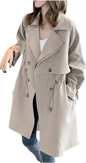 Trench Coat Women Double Breasted Notched Lapel Collar Pea Coat Fall Light Thin Long Overcoat Drawstring Waist Peacoat